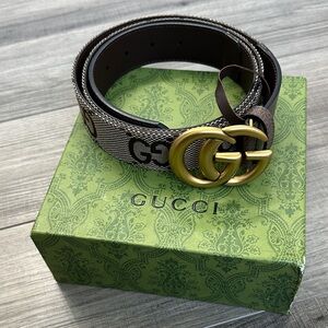 Gucci Brown GG Canvas Belt with Gold Double G Buckle